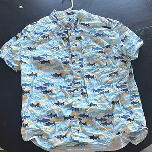 J. Crew white, blue, and yellow fish shirt